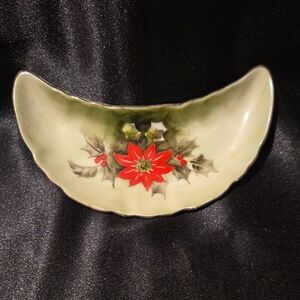 Vintage Lefton Bone China Hand Painted Piontsettia Crescent Moon Shape Dish